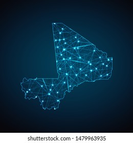 Abstract geometric mesh polygonal light Mali map. Business wireframe mesh spheres from flying debris. Blue structure style vector illustration concept.