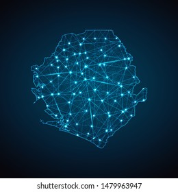 Abstract geometric mesh polygonal light Sierra Leone map. Business wireframe mesh spheres from flying debris. Blue structure style vector illustration concept.