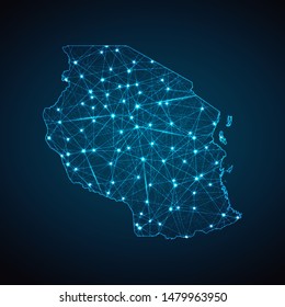 Abstract geometric mesh polygonal light Tanzania map. Business wireframe mesh spheres from flying debris. Blue structure style vector illustration concept.