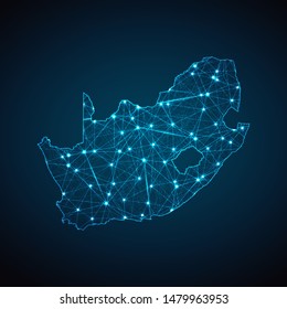 Abstract geometric mesh polygonal light South Africa map. Business wireframe mesh spheres from flying debris. Blue structure style vector illustration concept.