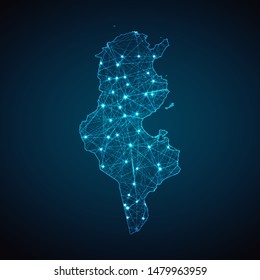 Abstract geometric mesh polygonal light Tunisia map. Business wireframe mesh spheres from flying debris. Blue structure style vector illustration concept.