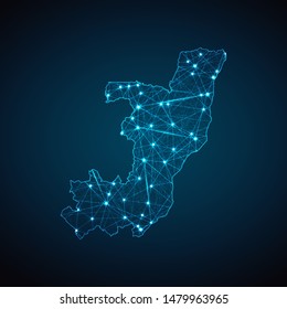 Abstract geometric mesh polygonal light Republic of the Congo map. Business wireframe mesh spheres from flying debris. Blue structure style vector illustration concept.
