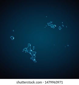 Abstract geometric mesh polygonal light Seychelles map. Business wireframe mesh spheres from flying debris. Blue structure style vector illustration concept.