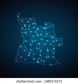 Abstract geometric mesh polygonal light Angola map. Business wireframe mesh spheres from flying debris. Blue structure style vector illustration concept.