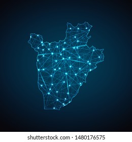Abstract geometric mesh polygonal light Burundi map. Business wireframe mesh spheres from flying debris. Blue structure style vector illustration concept.