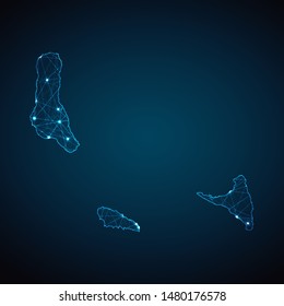 Abstract geometric mesh polygonal light Comoros map. Business wireframe mesh spheres from flying debris. Blue structure style vector illustration concept.