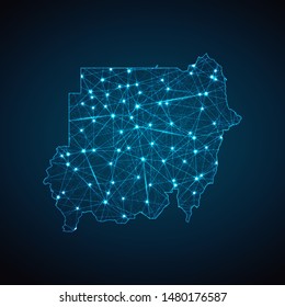 Abstract geometric mesh polygonal light Sudan map. Business wireframe mesh spheres from flying debris. Blue structure style vector illustration concept.