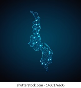 Abstract geometric mesh polygonal light Malawi map. Business wireframe mesh spheres from flying debris. Blue structure style vector illustration concept.