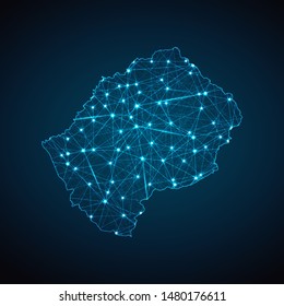Abstract geometric mesh polygonal light Lesotho map. Business wireframe mesh spheres from flying debris. Blue structure style vector illustration concept.