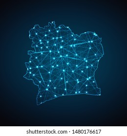 Abstract geometric mesh polygonal light Ivory Coast map. Business wireframe mesh spheres from flying debris. Blue structure style vector illustration concept.