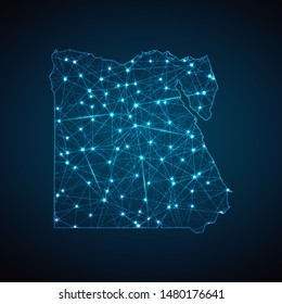 Abstract geometric mesh polygonal light Egypt map. Business wireframe mesh spheres from flying debris. Blue structure style vector illustration concept.
