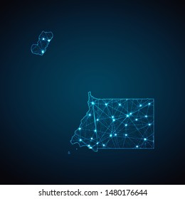 Abstract geometric mesh polygonal light Equatorial Guinea map. Business wireframe mesh spheres from flying debris. Blue structure style vector illustration concept.