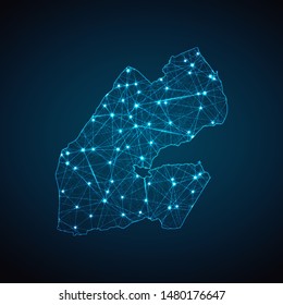 Abstract geometric mesh polygonal light Djibouti map. Business wireframe mesh spheres from flying debris. Blue structure style vector illustration concept.