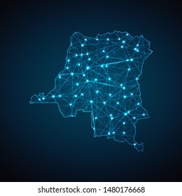 Abstract geometric mesh polygonal light Democratic Republic of the Congo map. Business wireframe mesh spheres from flying debris. Blue structure style vector illustration concept.