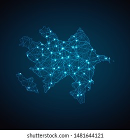Abstract geometric mesh polygonal light Azerbaijan map. Business wireframe mesh spheres from flying debris. Blue structure style vector illustration concept.