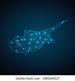 Abstract geometric mesh polygonal light Cyprus map. Business wireframe mesh spheres from flying debris. Blue structure style vector illustration concept.