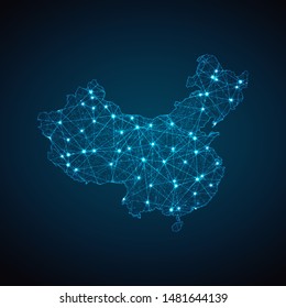 Abstract geometric mesh polygonal light China map. Business wireframe mesh spheres from flying debris. Blue structure style vector illustration concept.