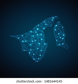 Abstract geometric mesh polygonal light Brunei Darussalam map. Business wireframe mesh spheres from flying debris. Blue structure style vector illustration concept.