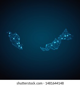Abstract geometric mesh polygonal light Malaysia map. Business wireframe mesh spheres from flying debris. Blue structure style vector illustration concept.