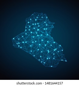Abstract geometric mesh polygonal light Iraq map. Business wireframe mesh spheres from flying debris. Blue structure style vector illustration concept.