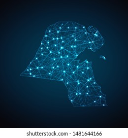 Abstract geometric mesh polygonal light Kuwait map. Business wireframe mesh spheres from flying debris. Blue structure style vector illustration concept.