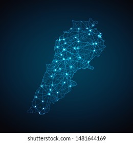Abstract geometric mesh polygonal light Lebanon map. Business wireframe mesh spheres from flying debris. Blue structure style vector illustration concept.