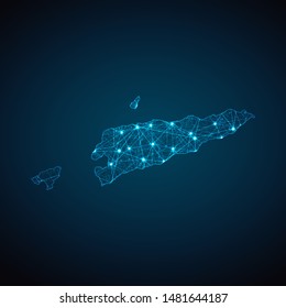 Abstract geometric mesh polygonal light East Timor map. Business wireframe mesh spheres from flying debris. Blue structure style vector illustration concept.