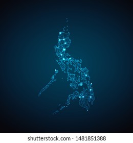 Abstract geometric mesh polygonal light Philippines map. Business wireframe mesh spheres from flying debris. Blue structure style vector illustration concept.