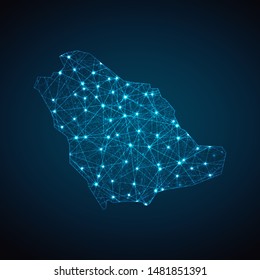 Abstract geometric mesh polygonal light Saudi Arabia map. Business wireframe mesh spheres from flying debris. Blue structure style vector illustration concept.