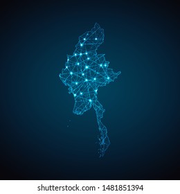 Abstract geometric mesh polygonal light Myanmar map. Business wireframe mesh spheres from flying debris. Blue structure style vector illustration concept.