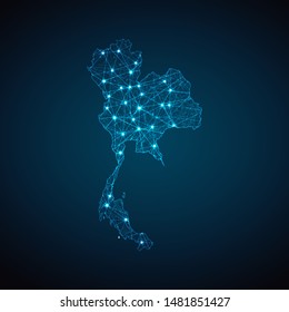Abstract geometric mesh polygonal light Thailand map. Business wireframe mesh spheres from flying debris. Blue structure style vector illustration concept.
