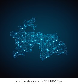 Abstract geometric mesh polygonal light Tajikistan map. Business wireframe mesh spheres from flying debris. Blue structure style vector illustration concept.