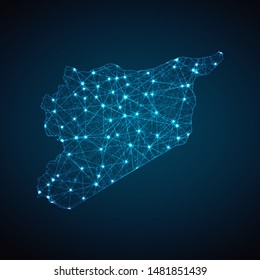 Abstract geometric mesh polygonal light Syria map. Business wireframe mesh spheres from flying debris. Blue structure style vector illustration concept.