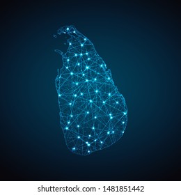 Abstract geometric mesh polygonal light Sri Lanka map. Business wireframe mesh spheres from flying debris. Blue structure style vector illustration concept.