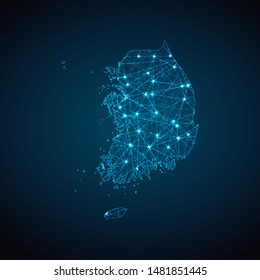 Abstract geometric mesh polygonal light South Korea map. Business wireframe mesh spheres from flying debris. Blue structure style vector illustration concept.
