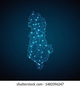 Abstract geometric mesh polygonal light Albania map. Business wireframe mesh spheres from flying debris. Blue structure style vector illustration concept.