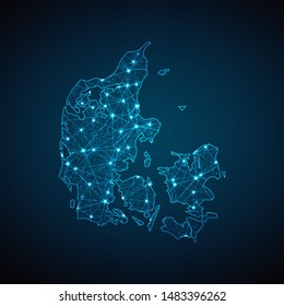 Abstract geometric mesh polygonal light Denmark map. Business wireframe mesh spheres from flying debris. Blue structure style vector illustration concept.