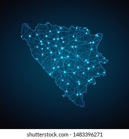 Abstract geometric mesh polygonal light Bosnia and Herzegovina map. Business wireframe mesh spheres from flying debris. Blue structure style vector illustration concept.