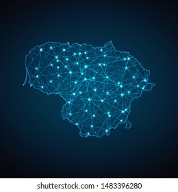 Abstract geometric mesh polygonal light Lithuania map. Business wireframe mesh spheres from flying debris. Blue structure style vector illustration concept.