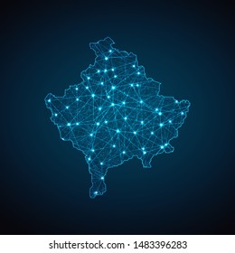 Abstract geometric mesh polygonal light Kosovo map. Business wireframe mesh spheres from flying debris. Blue structure style vector illustration concept.