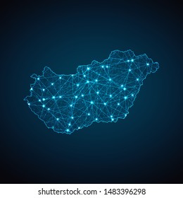 Abstract geometric mesh polygonal light Hungary map. Business wireframe mesh spheres from flying debris. Blue structure style vector illustration concept.