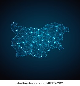 Abstract geometric mesh polygonal light Bulgaria map. Business wireframe mesh spheres from flying debris. Blue structure style vector illustration concept.