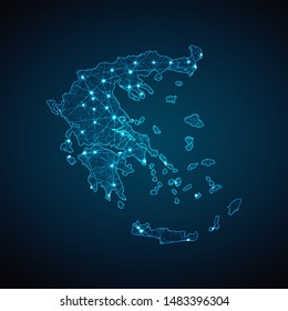 Abstract geometric mesh polygonal light Greece map. Business wireframe mesh spheres from flying debris. Blue structure style vector illustration concept.