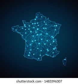 Abstract geometric mesh polygonal light France. map. Business wireframe mesh spheres from flying debris. Blue structure style vector illustration concept.