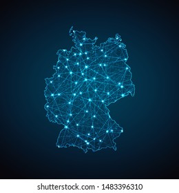 Abstract geometric mesh polygonal light Germany map. Business wireframe mesh spheres from flying debris. Blue structure style vector illustration concept.