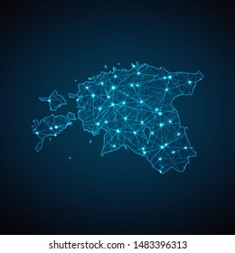 Abstract geometric mesh polygonal light Estonia map. Business wireframe mesh spheres from flying debris. Blue structure style vector illustration concept.