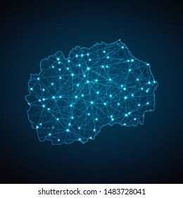 Abstract geometric mesh polygonal light Macedonia map. Business wireframe mesh spheres from flying debris. Blue structure style vector illustration concept.