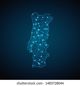 Abstrakte geometrische Mesh Polygonalleuchte Portugal Karte. Business Wireframe Maschendraht Kugeln aus fliegenden Trümmern. Blaues strukturähnliches Vektorgrafik-Konzept.