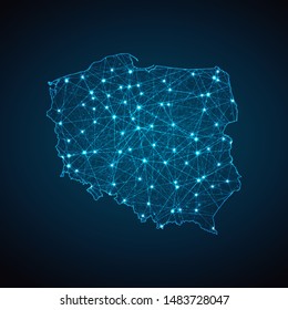 Abstract geometric mesh polygonal light Poland map. Business wireframe mesh spheres from flying debris. Blue structure style vector illustration concept.