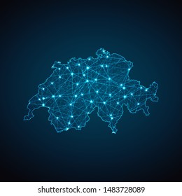 Abstract geometric mesh polygonal light Switzerland map. Business wireframe mesh spheres from flying debris. Blue structure style vector illustration concept.